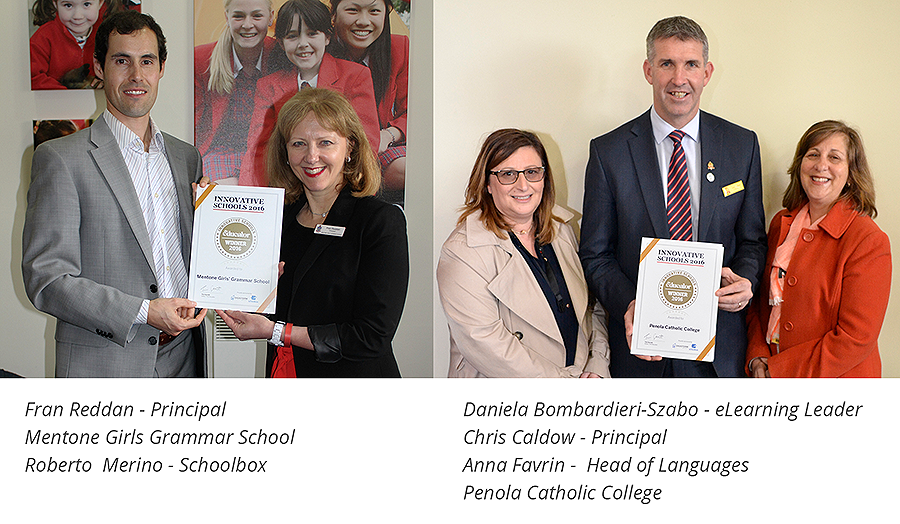 2 photos side by side, from left to right: one with Fran Reddan - Principla Montone Girls Grammar School and Robberto Merino - Schoolbox; the other photo with Dnailea Bombardieri-Szabo - eLearning Leader. Chris Caldow - Principal, Anna Favrin - Head of Languages Penola Catholic College