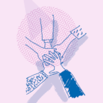 A graphic of five hands placing together on a light pink purple background