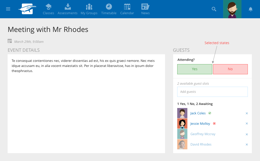 Schoolbox interface of an event details where the guest have the option to respond yes or no to the invite