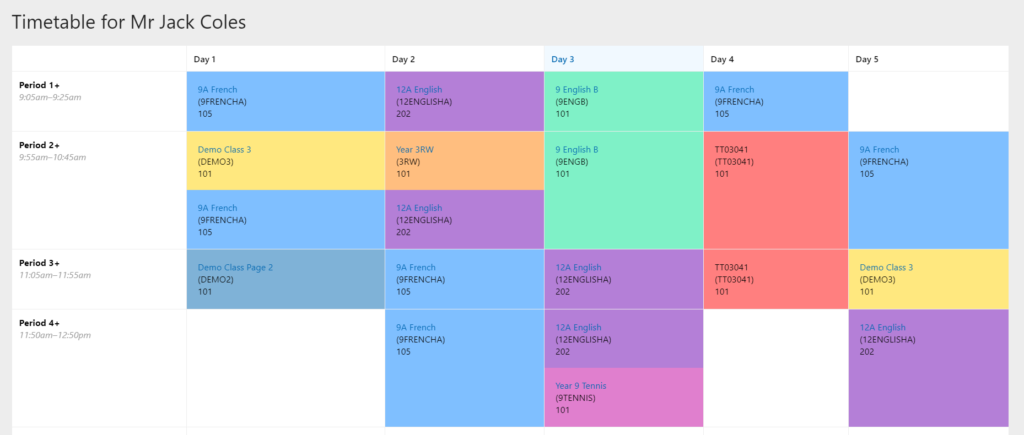  Example of teacher timetable in Schoolbox 
